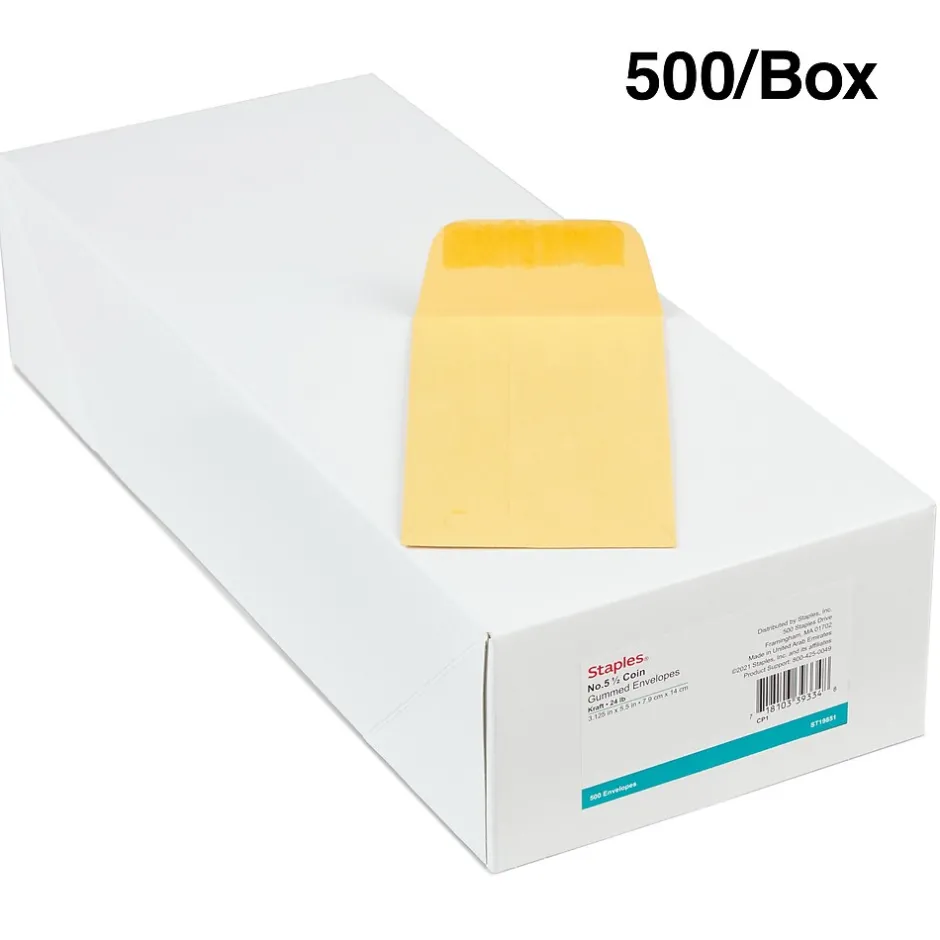 Staples Kraft #5 1/2 Coin Envelope, Other, Brown, 500/Box (ST19851-CC)* Business