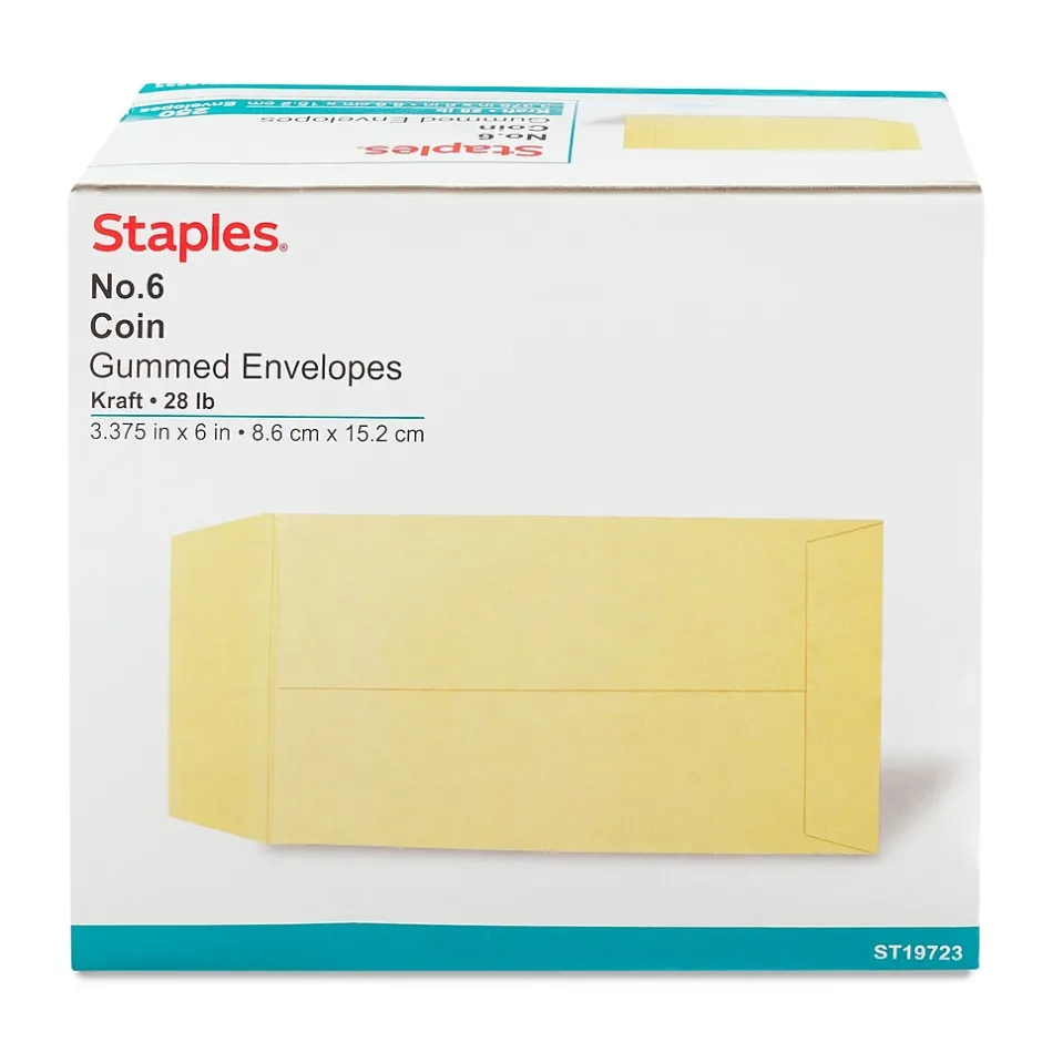 Staples Kraft #6 Coin Envelope, 3 3/8" x 6", Brown, 250/Box (19723/19303)* Business