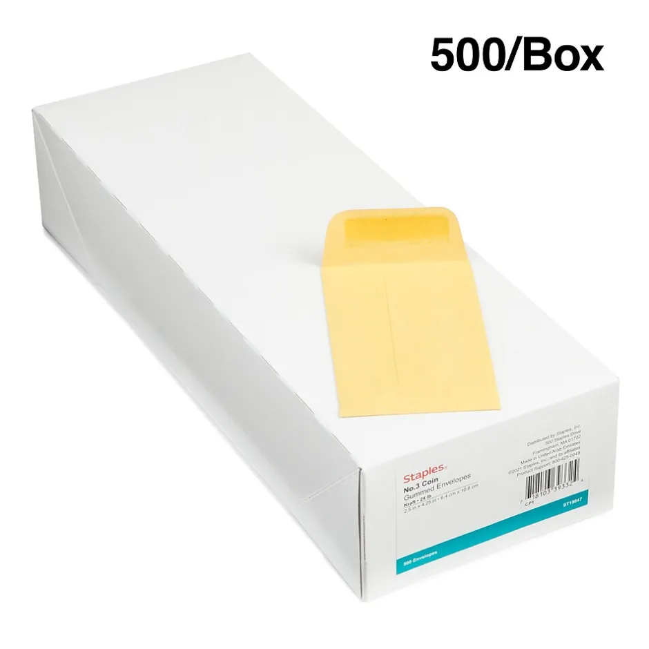 Staples Kraft #3 Coin Envelope, 2 1/2 x 4 1/4, Brown, 500/Box (ST19847-CC)* Business