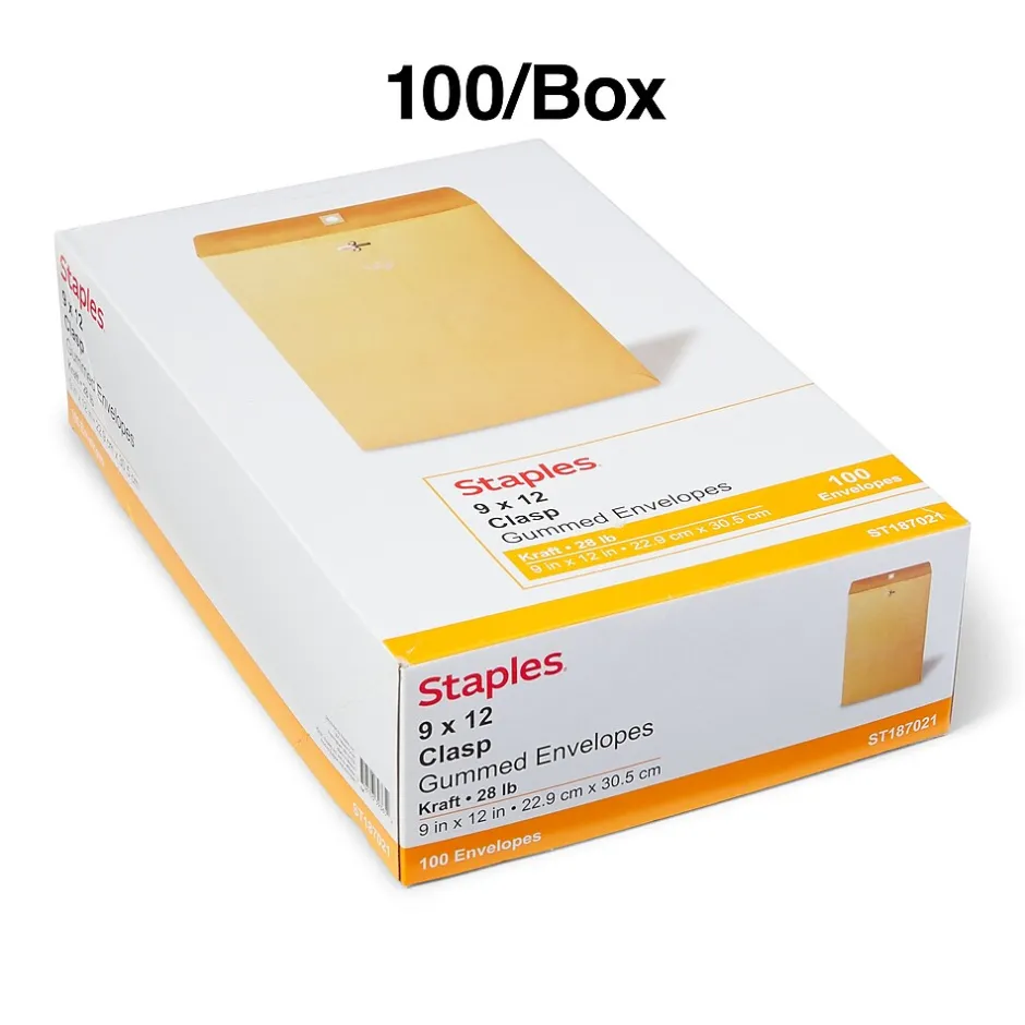 Staples Kraft Clasp & Moistenable Glue Catalog Envelopes, 9" x 12", Brown, 100/Box (ST187021-CC)* Security Tinted