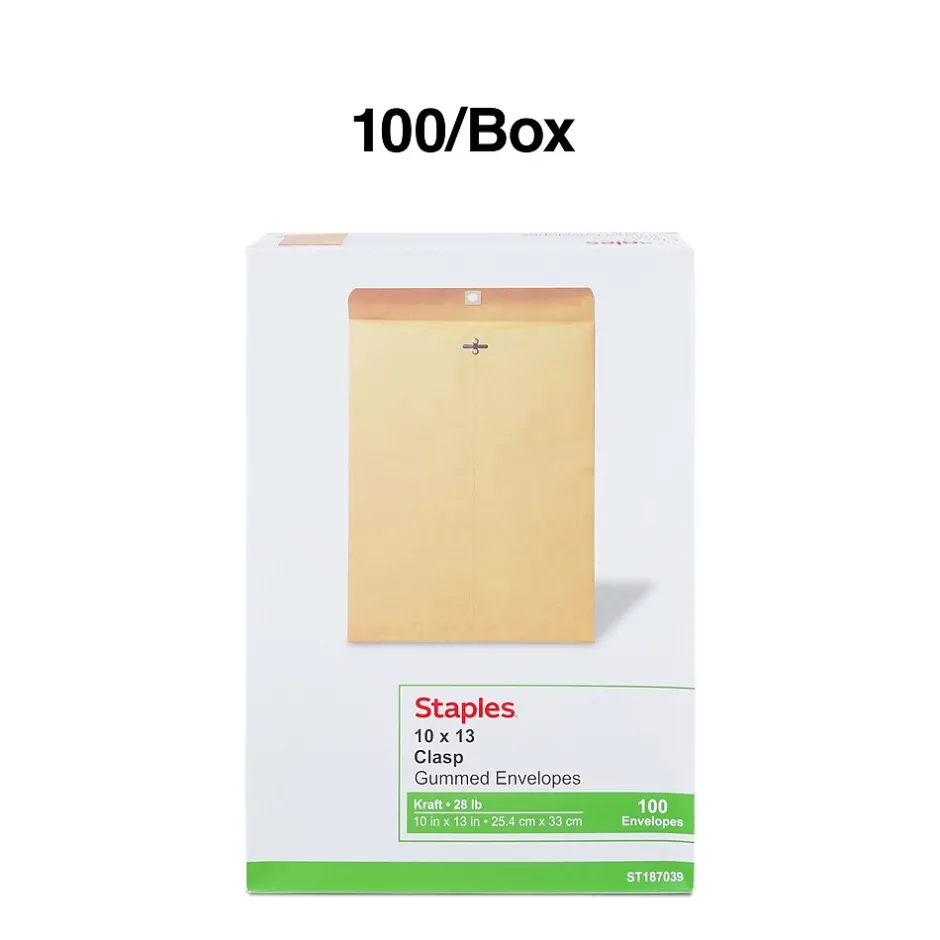 Staples Kraft Clasp & Moistenable Glue Catalog Envelopes, 10" x 13", Brown, 100/Box (ST187039-CC)* Security Tinted
