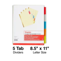 Staples Large Tab Insertable Dividers, 5-Tab, Assorted Colors (13485/11109) Clearance