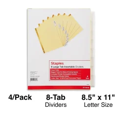 Staples Large Tab Insertable Paper Divider, 8 Tabs, Buff with Clear Tabs, 4 Sets (13516/14482) New