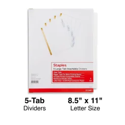 Staples Large Tab Insertable Dividers, 5-Tab, Clear (13491/11122) Clearance