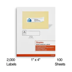 Staples Laser/Inkjet Address Labels, 1" x 4", White, 20 Labels/Sheet, 100 Sheets/Pack, 2000 Labels/Box (18058/SIWO110)* Address Labels