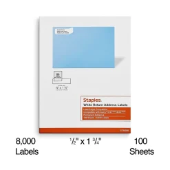Staples Laser/Inkjet Address Labels, 1/2" x 1 3/4", White, 80 Labels/Sheet, 100 Sheets/Pack, 8000 Labels/Box (18056/SIWO090)* Address Labels