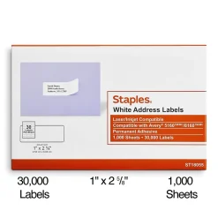 Staples Laser/Inkjet Address Labels, 1" x 2 5/8", White, 30 Labels/Sheet, 1000 Sheets/Pack, 30,000 Labels/Box (18055)* Address Labels