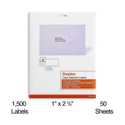 Staples Laser/Inkjet Address Labels, 1 X 2 5/8", Clear, 30 Labels/Sheet, 50 Sheets/Pack, 1500/Box (ST18081-CC)* Address Labels