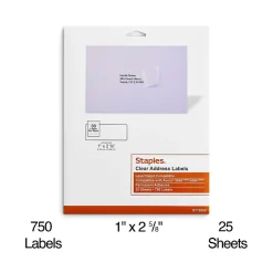 Staples Laser/Inkjet Address Labels Address Labels, 1 X 2 5/8", Clear, 30 Labels/Sheet, 25 Sheets/Pack, 750 Labels/Box* Address Labels
