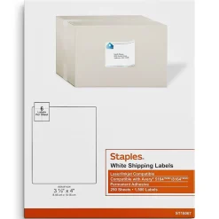 Staples Laser/Inkjet Shipping Labels, 3 1/3" x 4", White, 6 Labels/Sheet, 250 Sheets/Pack, 1500 Labels/Box (18067)* Shipping Labels