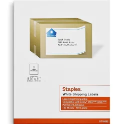 Staples Laser/Inkjet Shipping Labels, 8 1/2" x 11", White, 1 Label/Sheet, 100 Sheets/Box (18062/SIWO150)* Shipping Labels