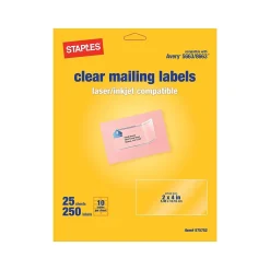 Staples Laser/Inkjet Shipping Labels, 2" x 4", Clear, 10 Labels/Sheet, 25 Sheets/Pack, 250 Labels/Box (18089/SCNJ130)* Shipping Labels