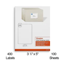 Staples Laser/Inkjet Shipping Labels, 3 1/2" x 5", Bright White, 4 Labels/Sheet, 100 Sheets/Pack, 400 Labels/Box (18074-CC)* Shipping Labels