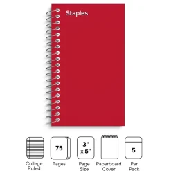 Staples ® Memo Books, 3" x 5", College Ruled, Assorted Colors, 75 Sheets/Pad, 5 Pads/Pack (TR11493) Best