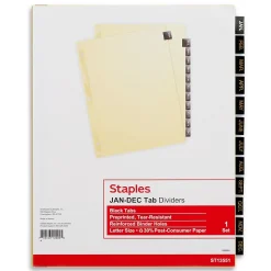 Staples Monthly Pre-Printed Monthly Paper Divider, Jan-Dec, Buff with Black Tabs, 1 Set (13551/11484) Hot