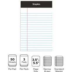 Staples ® Perforated Mini Legal Writing Pads - Narrow Ruled, 3.5