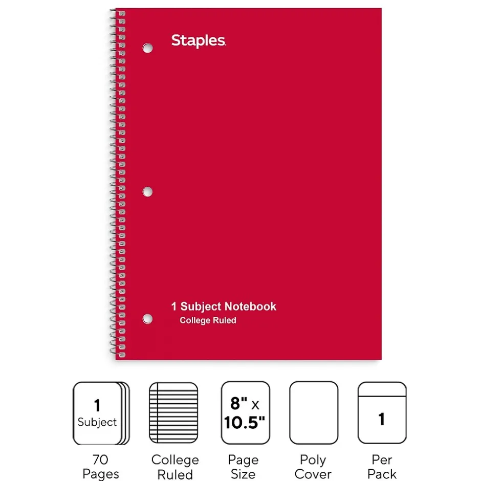Staples ® Poly 1-Subject Notebook, 8" x 10.5", College Ruled, 70 Sheets, Assorted Colors (27620M) Online