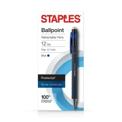 Staples Postscript Retractable Ballpoint Pens, Fine Point, Blue Ink, Dozen (18266) Clearance