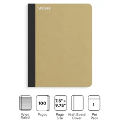 Staples Premium Composition Notebook, 7.5" x 9.75", Wide Ruled, 100 Sheets, Brown (TR52119) New