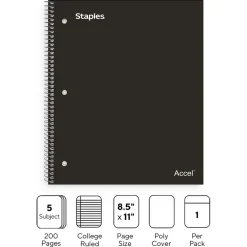 Staples Premium Poly 5-Subject Notebook, 8.5" x 11", College Ruled, 200 Sheets, (ST58317) Black Outlet