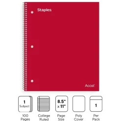 Staples Premium Poly 1-Subject Notebook, 8.5" x 11", College Ruled, 100 Sheets, (ST20952D) Red