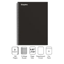 Staples Premium 3-Subject Notebook, 5.88" x 9.5", College Ruled, 138 Sheets, Black (TR58351)