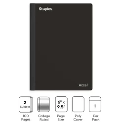 Staples Premium 2-Subject Notebook, 6" x 9.5", College Ruled, 100 Sheets, (TR58325) Black New