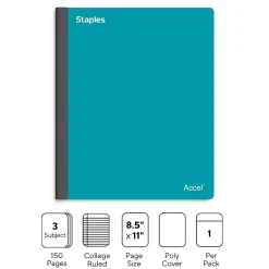 Staples Premium 3-Subject Notebook, 8.5" x 11", College Ruled, 150 Sheets, Blue (ST58333C) Teal Clearance
