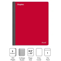 Staples Premium 3-Subject Notebook, 8.5" x 11", College Ruled, 150 Sheets, (ST58332) Red New