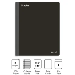 Staples Premium 3-Subject Notebook, 8.5" x 11", College Ruled, 150 Sheets, (ST58329) Black Hot