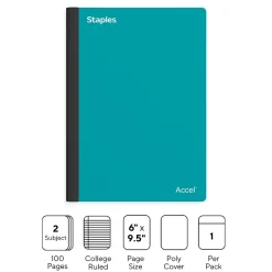 Staples Premium 2-Subject Notebook, 6" x 9.5", College Ruled, 100 Sheets, (ST58328) Teal Online