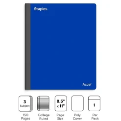 Staples Premium 3-Subject Notebook, 8.5" x 11", College Ruled, 150 Sheets, (ST58330) Blue New
