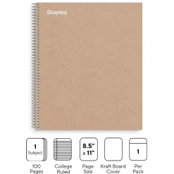 Staples Premium 1-Subject Notebook, 8.5" x 11", College Ruled, 100 Sheets, Brown (TR52121) Clearance