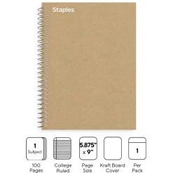 Staples Premium 1-Subject Notebook, 5.875" x 9", College Ruled, 100 Sheets, Brown (ST52120N) Hot