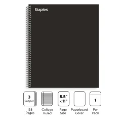 Staples ® Premium 3-Subject Subject Notebooks, 8.5" x 11", College Ruled, 150 Sheets, Black (TR58359M-CC)
