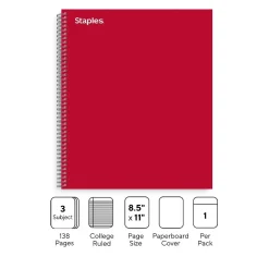 Staples ® Premium 3-Subject Subject Notebooks, 8.5" x 11", College Ruled, 150 Sheets, Red (TR58361M-CC) Sale