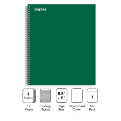 Staples ® Premium 3-Subject Subject Notebooks, 8.5" x 11", College Ruled, 150 Sheets, Green (TR58362M-CC) Outlet