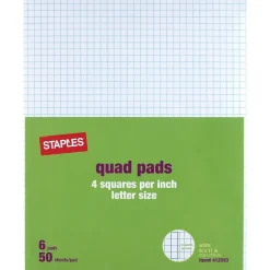 Staples ® Quadrille Graph Pads, 50 Sheets, 4 Squares Per Inch, White, 8 1/2"H x 11"W, 36/Ct Clearance