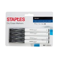 Staples Remarx Dry Erase Pen-Style Markers, Fine Tip, Black, 4/Pack Outlet
