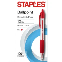 Staples Retractable Ballpoint Pens, Medium Point, Red Ink, Dozen (50792) Outlet