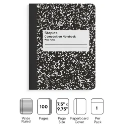 Staples 1-Subject Composition Notebook, 7.5" x 9.75", Wide Ruled, 100 Sheets, (ST55076C) Black Sale