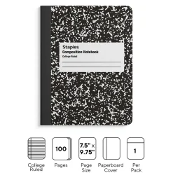 Staples 1-Subject Composition Notebook, 7.5" x 9.75", College Ruled, 100 Sheets, Black (ST55064C) Hot
