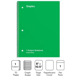 Staples 1-Subject Notebook, 8" x 10.5", Graph Ruled, 70 Sheets, (ST23987C) Green Sale