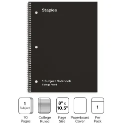 Staples 1-Subject Notebook, 8" x 10.5", College Ruled, 70 Sheets, (TR27499) Black Best