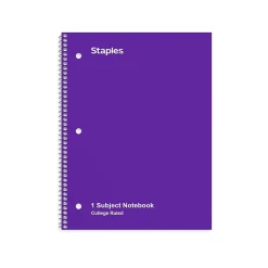 Staples 1-Subject Notebook, 8" x 10.5", College Ruled, 70 Sheets, (TR27501) Purple Clearance