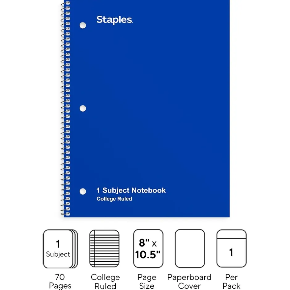 Staples 1-Subject Notebook, 8" x 10.5", College Ruled, 70 Sheets, (TR27500) Blue Discount