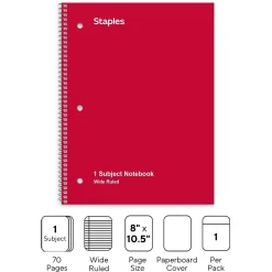 Staples 1-Subject Notebook, 8" x 10.5", Wide Ruled, 70 Sheets, , 48 Notebooks/Carton (27497CT) Assorted Colors Best