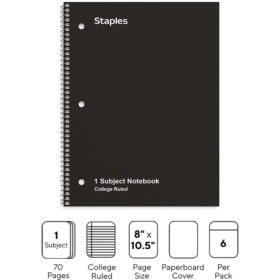 Staples 1-Subject Notebook, 8" x 10.5", College Ruled, 70 Sheets, Black, 6/Pack (TR58374) Discount
