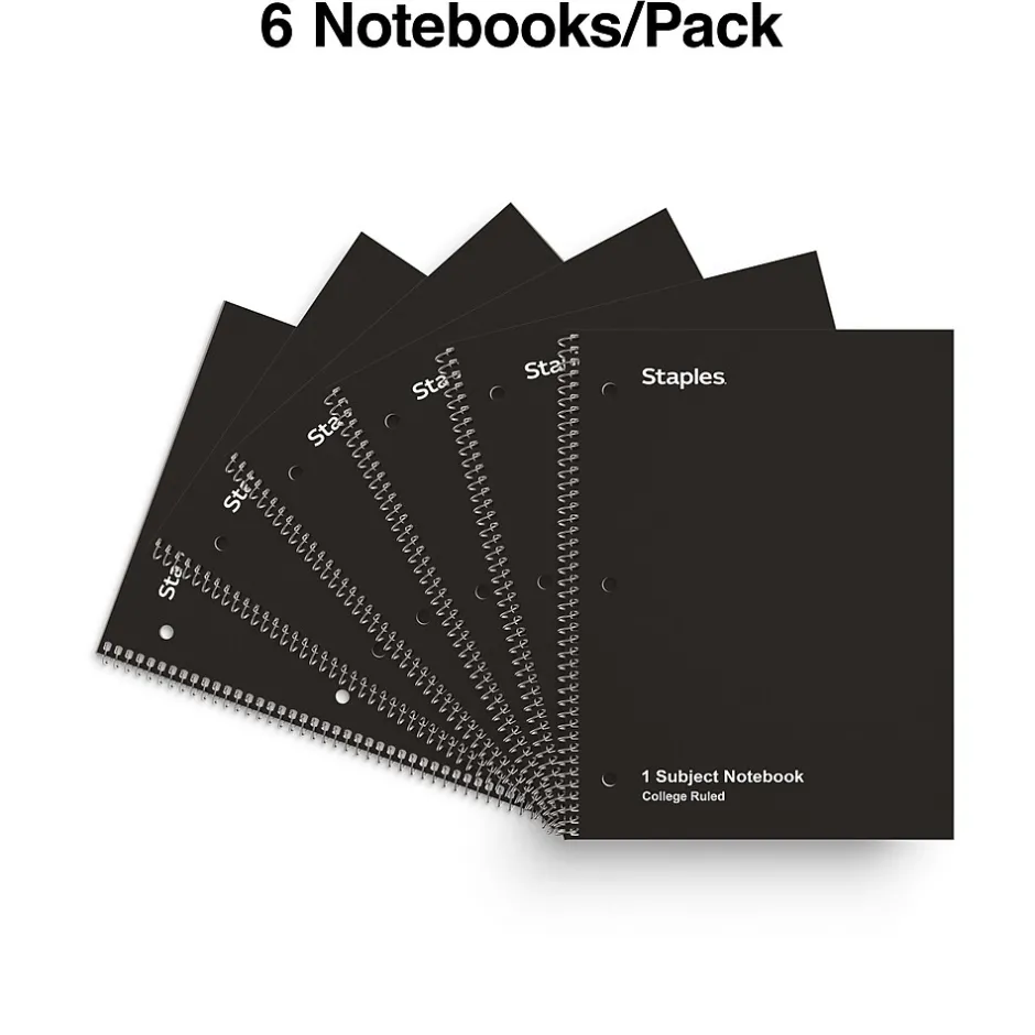 Staples 1-Subject Notebook, 8" x 10.5", College Ruled, 70 Sheets, Black, 6/Pack (TR58374) Discount