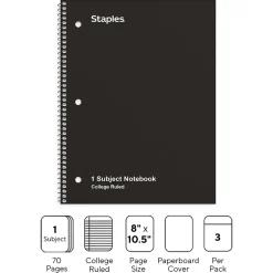 Staples 1-Subject Notebook, 8.5" x 10.5", College Ruled, 70 Sheets, Black, 3/Pack (ST58373) Hot